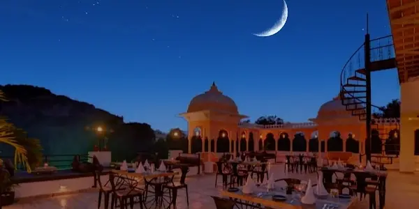 A crescent moon over the terrace — Jaajam Restaurant, Udaipur