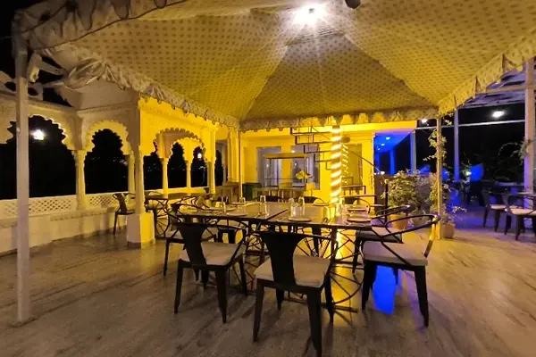 Evening light on the covered terrace — Jaajam Restaurant, Udaipur