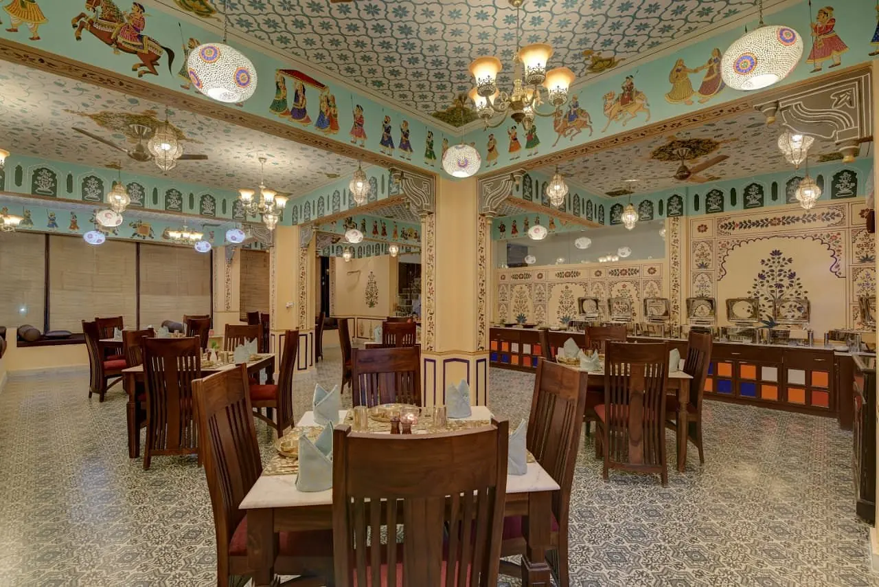 Hand-painted heritage dining hall at Jaajam Restaurant, Udaipur