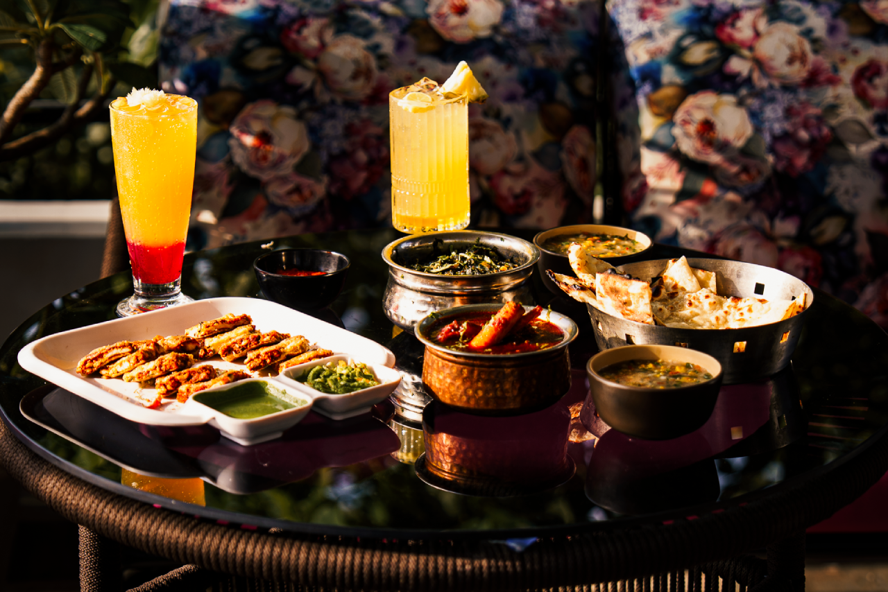 A Rajasthani spread laid out on a block-printed jaajam cloth